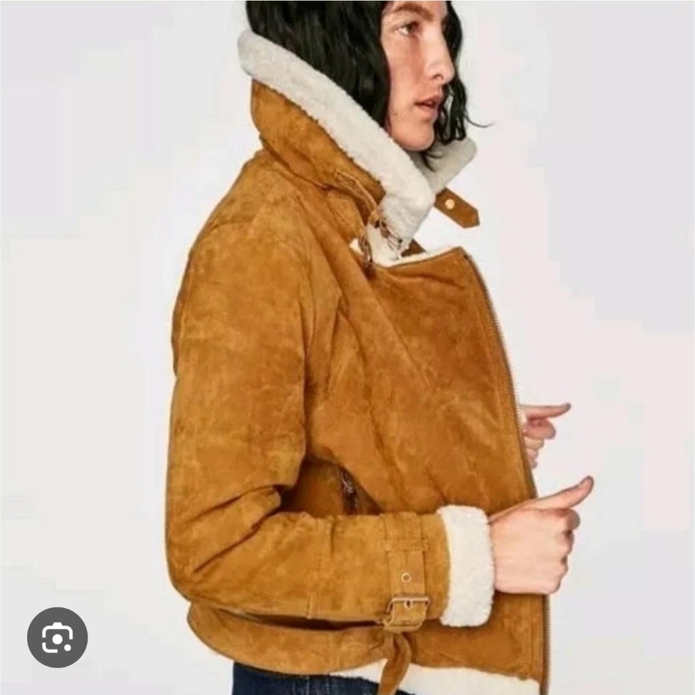 Zara Brown Leather Aviator Sherpa Jacket XL
